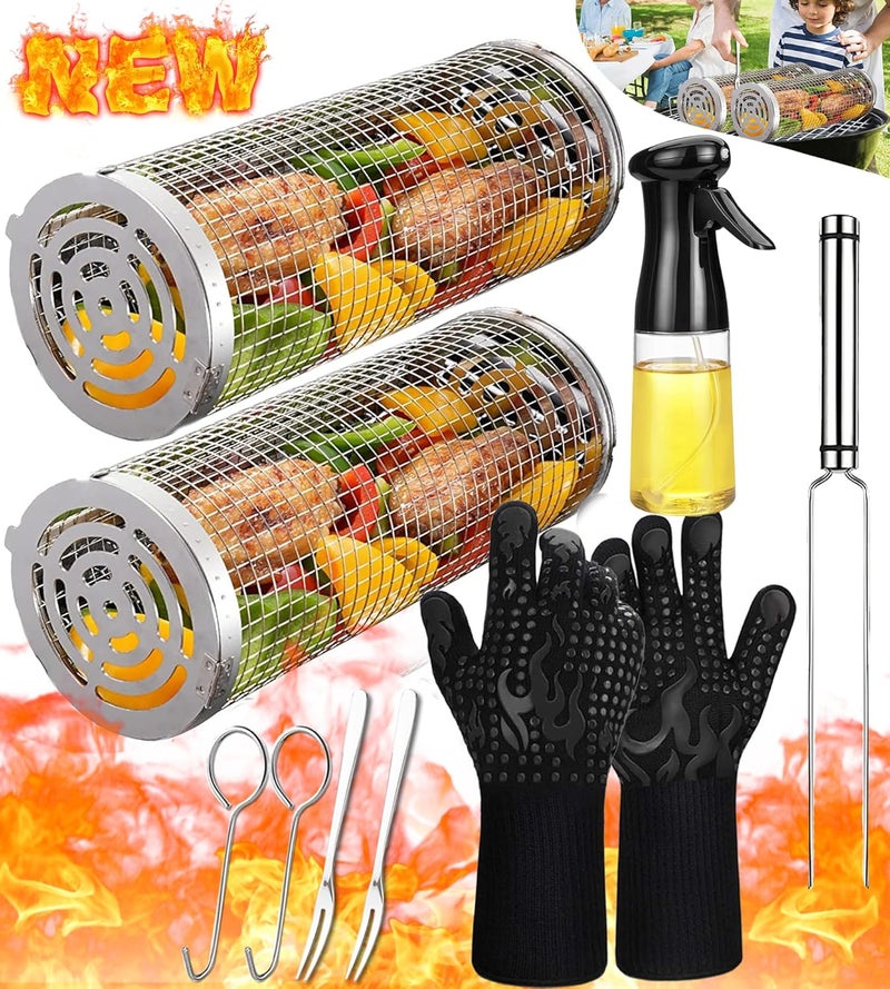 AUCMA Rolling Grilling Baskets for Outdoor Grill Bbq Net Tube Stainless Steel Lid Large Round Mesh Barbecue Wire Cylinder Cage Picnic Must Haves Tools Food Cooking Basket for Veggies Vegetable Fish Meat - Image 1